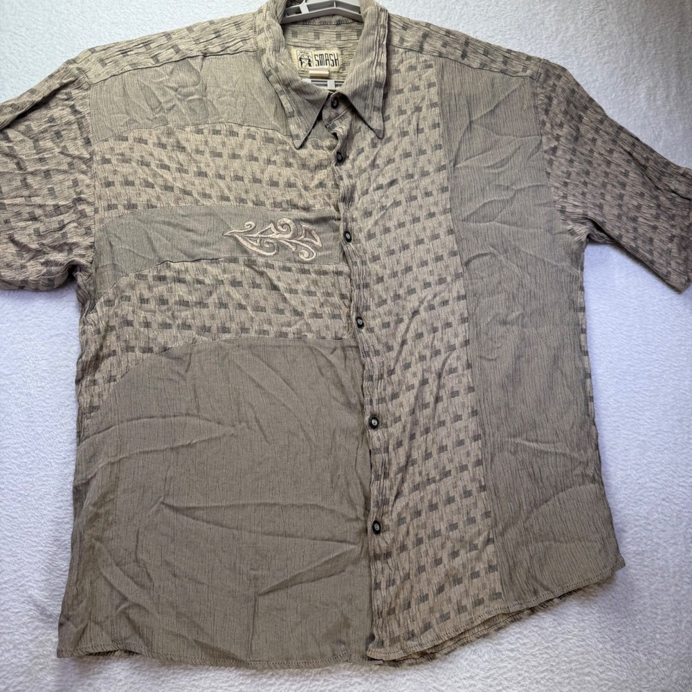 Vintage SMASH Geometric Y2K Shirt Men's L USA Made Tribal Embroidery 90s